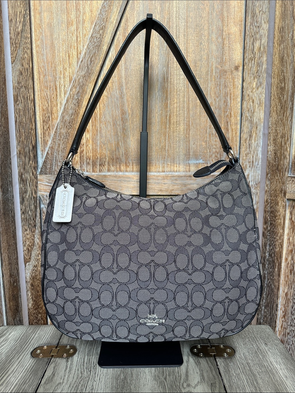 Coach F29959 Signature Jacquard Zip Shoulder Bag in Black/Smoke Silver Tag